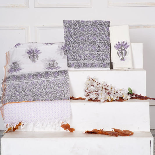 Sanganeri Handblock Printed Kota Doria Suit Material With Kota Doria Dupatta with Jari Border