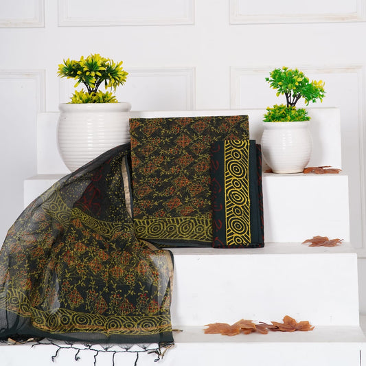 Green Sanganeri Handblock Printed Kota Doria Suit Material With Kota Doria Dupatta with Jari Border