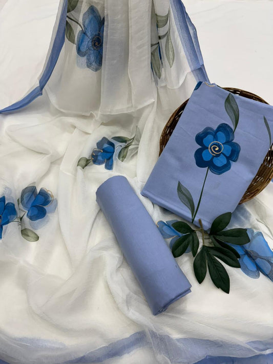 White Hand Painted Cotton Suit With Hand Painted Chiffon Dupatta