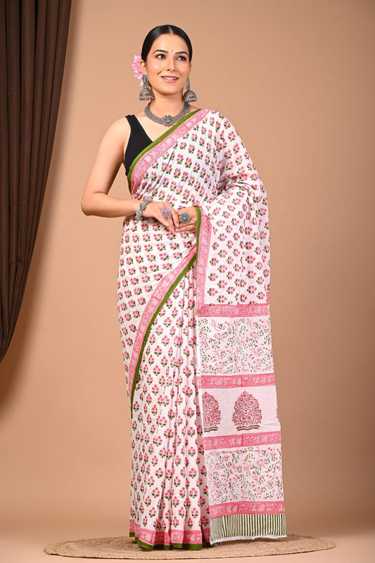 Handblock Printed Cotton Mulmul Saree with Blouse Piece