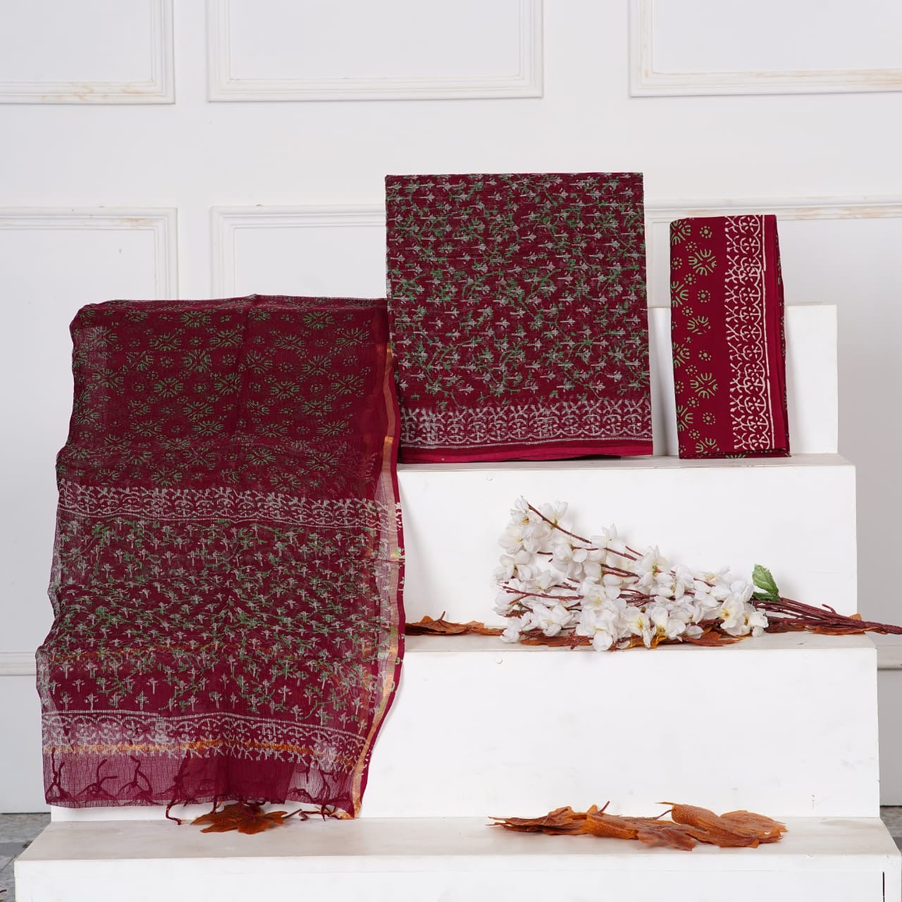 Mahroon Handblock Printed Kota Doria Suit Material With Kota Doria Dupatta with Jari Border