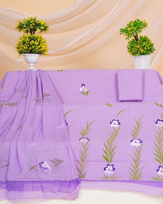 Purple Colour Hand Painted Cotton Suit With Hand Painted Chiffon Dupatta