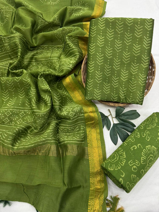 Handblock Printed Premium Maheshwari Silk Unstitched Suit with Santoon Bottom – Festive Ready