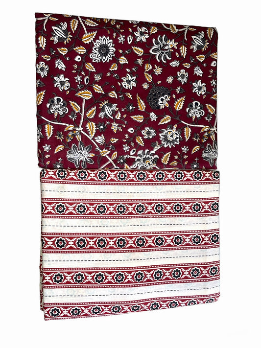 Mahroon Floral Top With Stripe Line Bottom