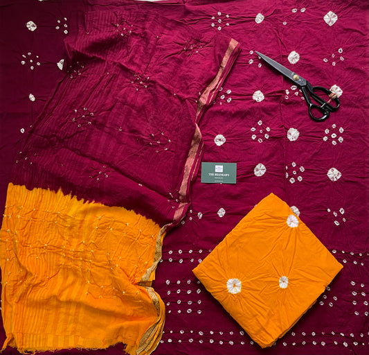 BANDHANI COTTON SUIT SET WITH MULMUL DUPATTA