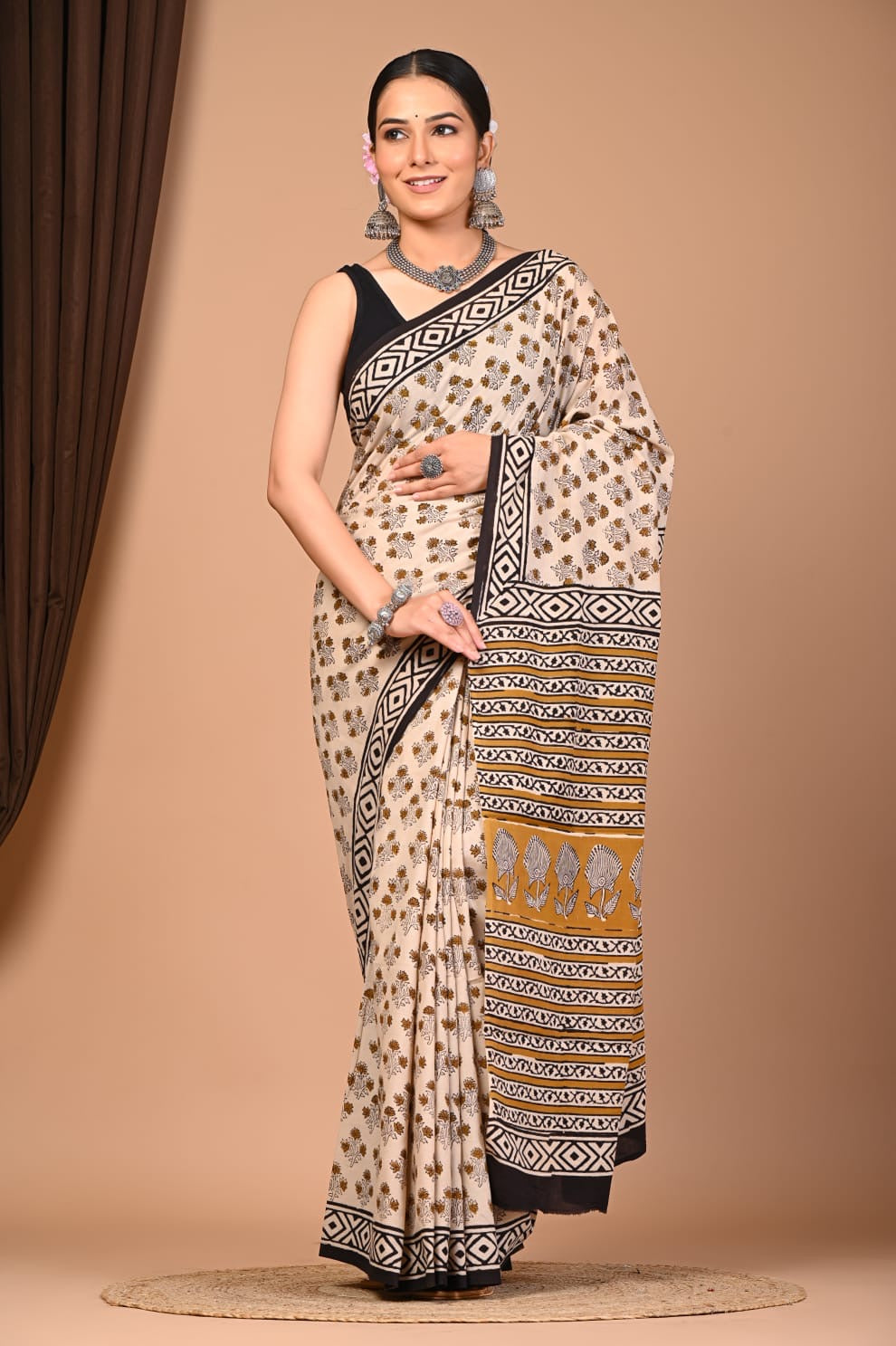 Bagru Dabu Hand Block Printed Cotton Mulmul Saree with Blouse Piece