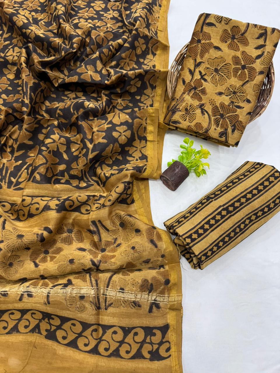 Premium Handblock Print Pure Chanderi Silk Unstitched Suit Set – Handwoven Zari Border | The Bhankar’s