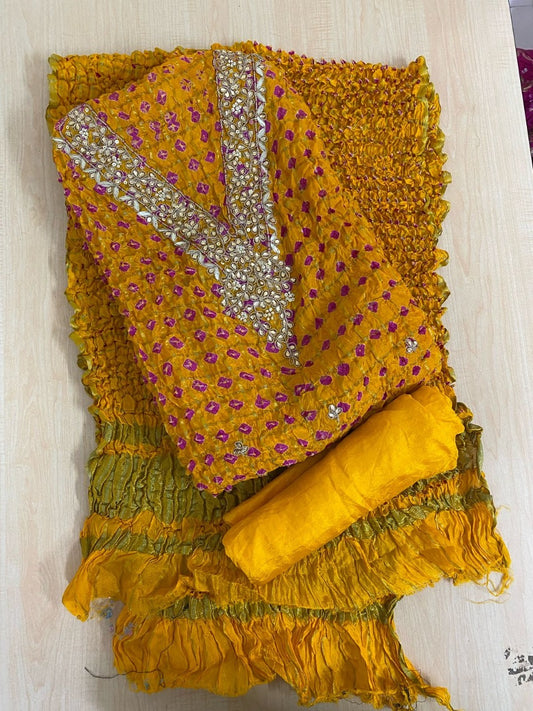 Yellow GHATCHOLA Neck BANDHANI Art SILK FABRIC SUITS WITH BEAUTIFUL HAND GOTAPATTI WORK DUPATTA