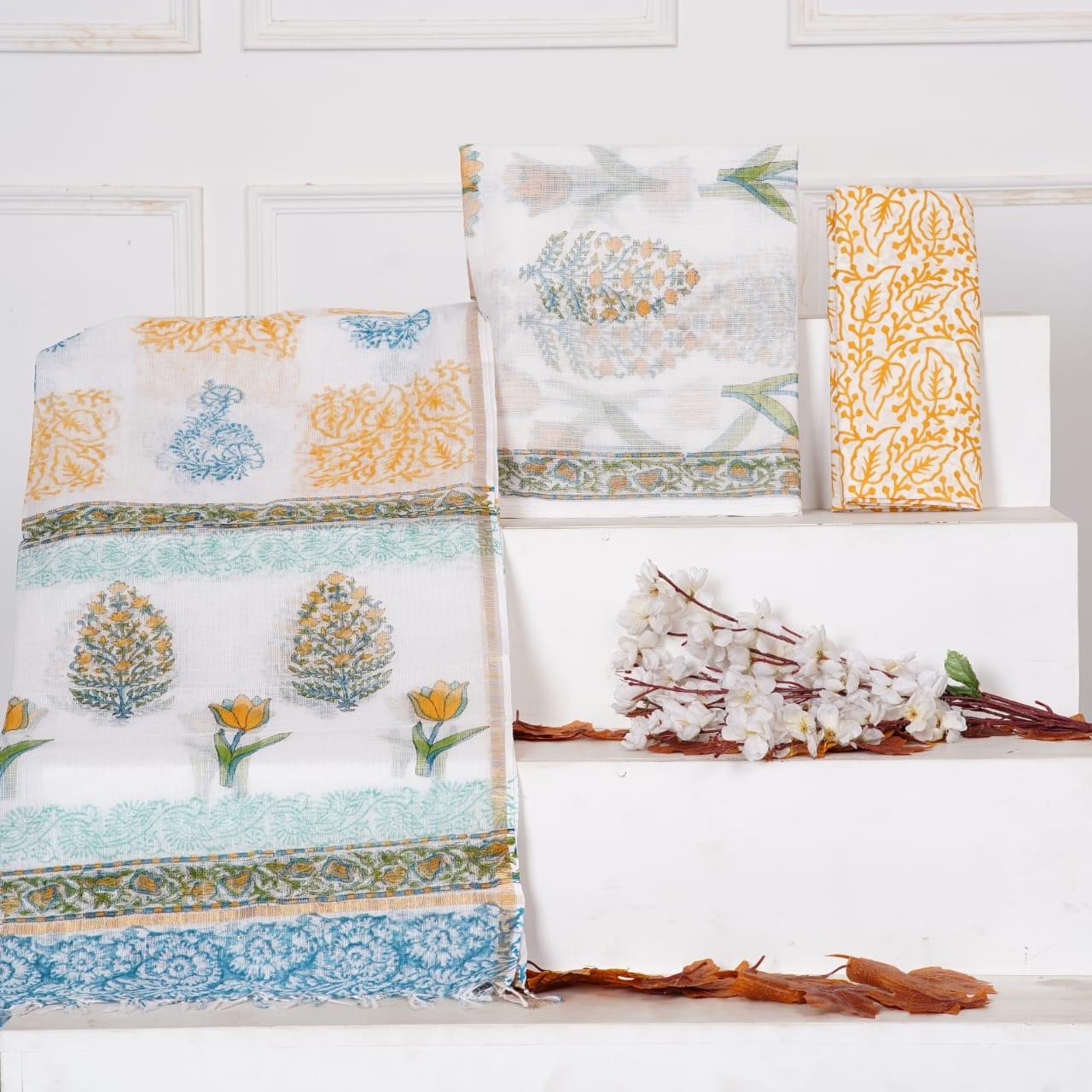 Handblock Printed Kota Doria Suit Material With Kota Doria Dupatta with Jari Border