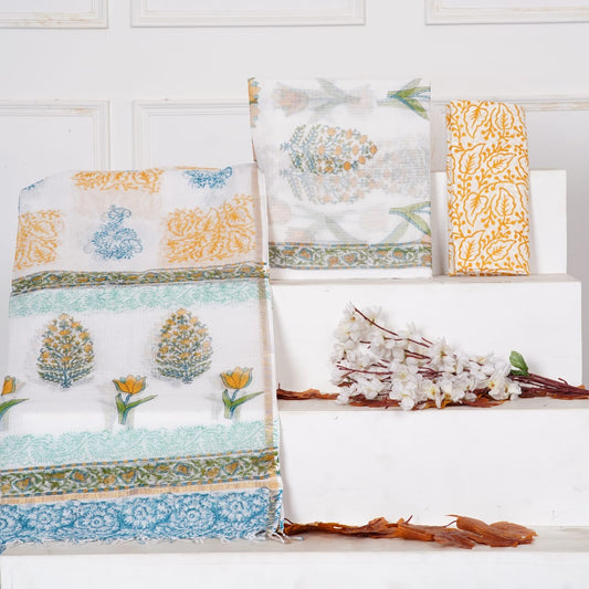 Handblock Printed Kota Doria Suit Material With Kota Doria Dupatta with Jari Border