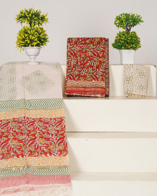 Handblock Print Pure Chanderi Silk Unstitched Suit Set – Handwoven Zari Border | The Bhankar’s
