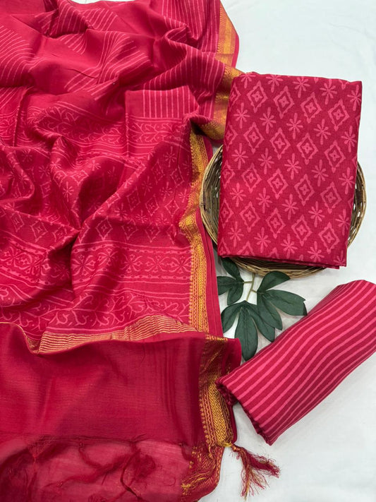 Blockprint Premium Maheshwari Silk Unstitched Suit with Santoon Bottom – Festive Ready