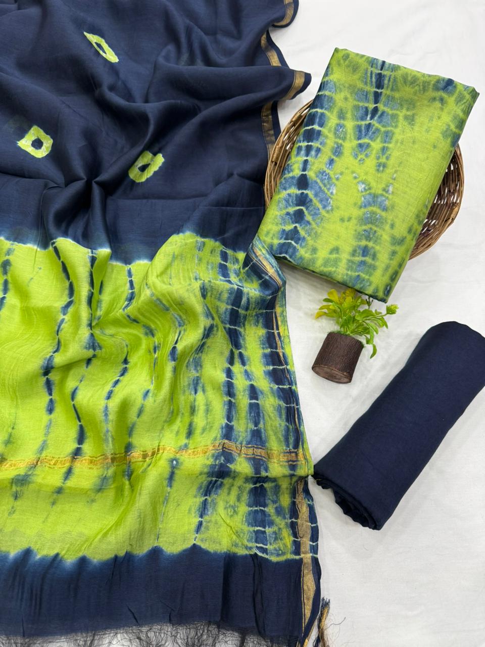 Premium Handblock Print Pure Chanderi Silk Unstitched Suit Set – Handwoven Zari Border | The Bhankar’s
