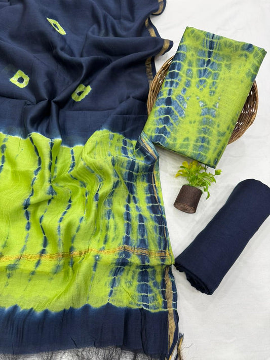 Premium Handblock Print Pure Chanderi Silk Unstitched Suit Set – Handwoven Zari Border | The Bhankar’s