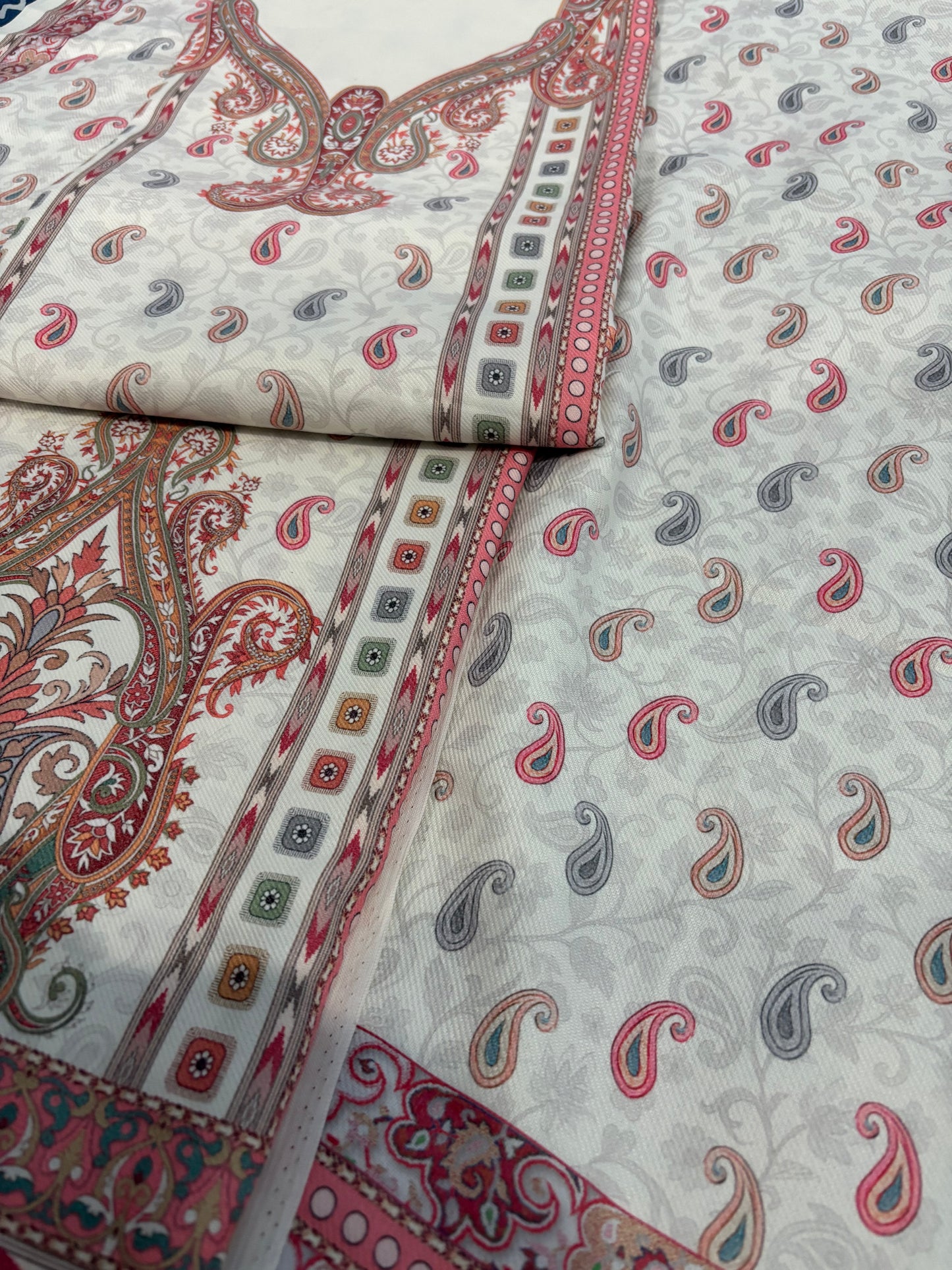 Off White Panel Style Floral Printed Semi Pashmina Winter Suit Set