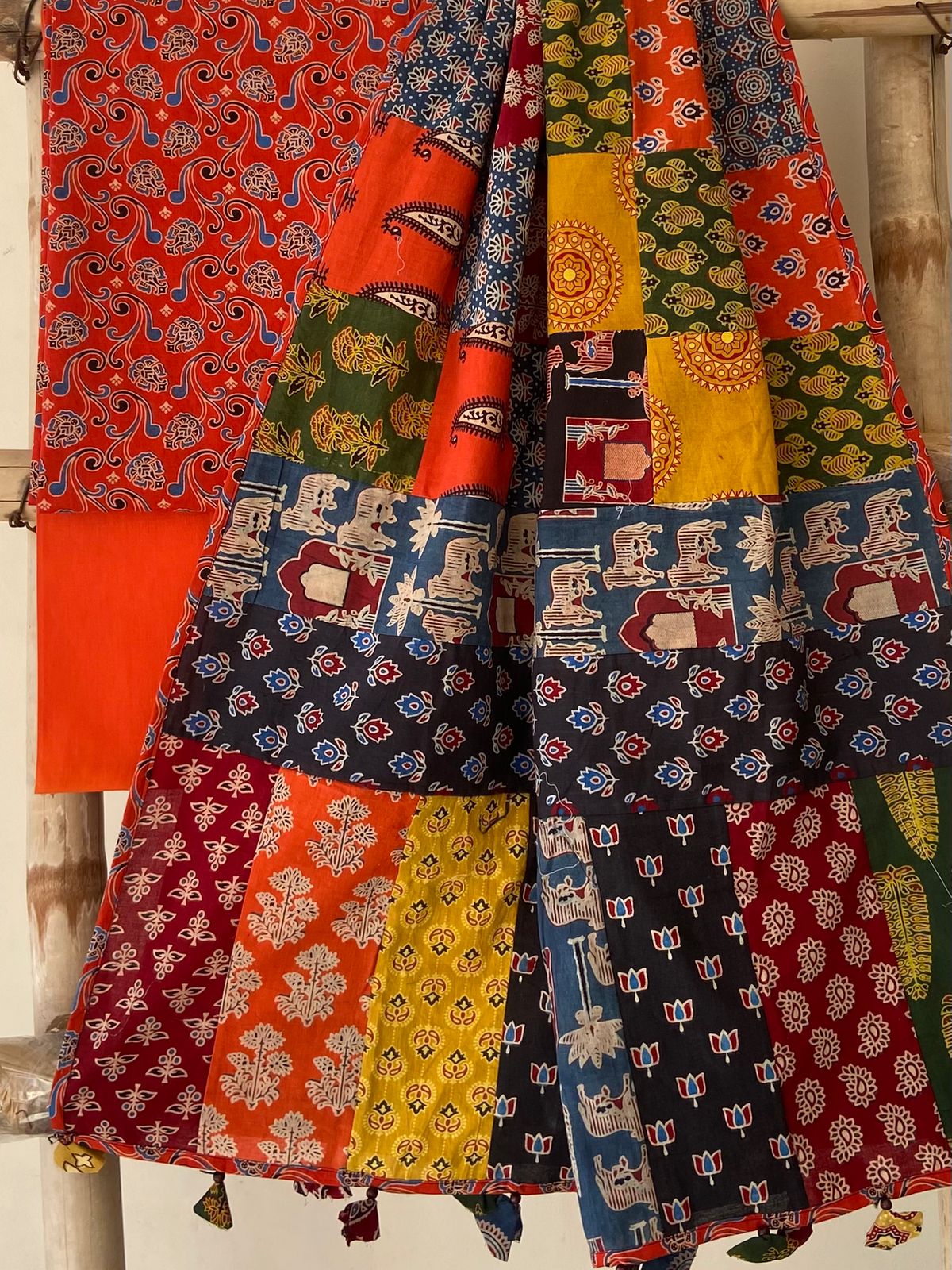 Ajrakh Dupatta suit With hand applique mirror work Ajarakh print Suit pcs with patch work and mirror work dupatta