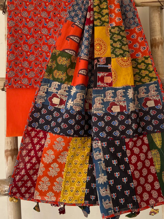 Ajrakh Dupatta suit With hand applique mirror work Ajarakh print Suit pcs with patch work and mirror work dupatta