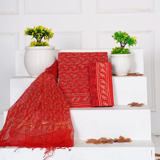 Red Sanganeri Handblock Printed Kota Doria Suit Material With Kota Doria Dupatta with Jari Border