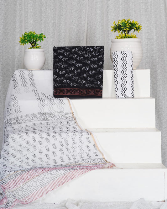 Bagru Dabu Handblock Printed Kota Doria Suit Material With Kota Doria Dupatta with Jari Border