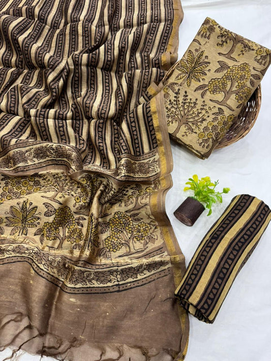Premium Handblock Print Pure Chanderi Silk Unstitched Suit Set – Handwoven Zari Border | The Bhankar’s