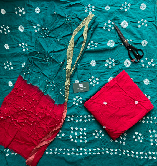 BANDHANI COTTON SUIT SET WITH MULMUL DUPATTA