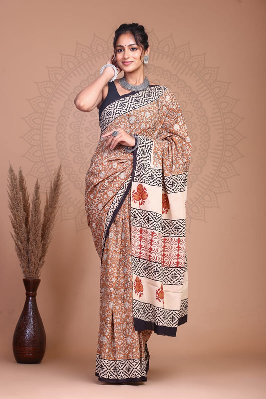 Bagru Kalamkari Handblock Printed Cotton Mulmul Saree with Blouse Piece