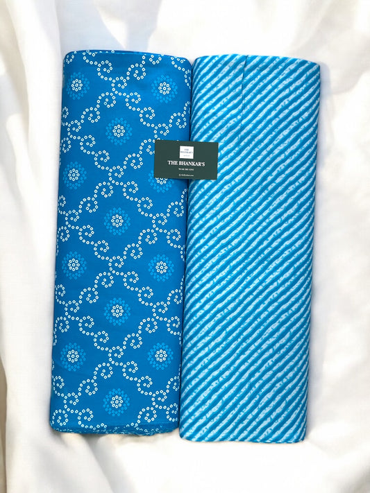 Turquoise Bandhej lahariya Bottom Print Top and Bottom Cotton Combo Set 2.5 Mtr Each