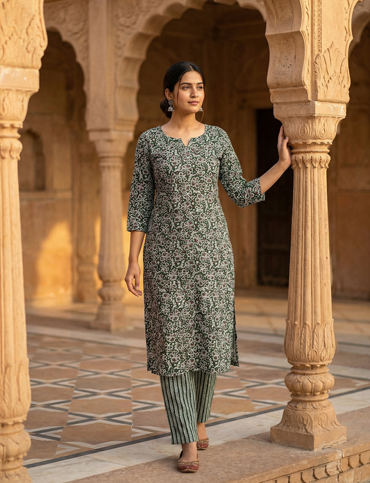 Green Floral Print Top and Bottom Cotton Fabric Combo Set 2.5 Mtr Top and 2.5 mtr Bottom
