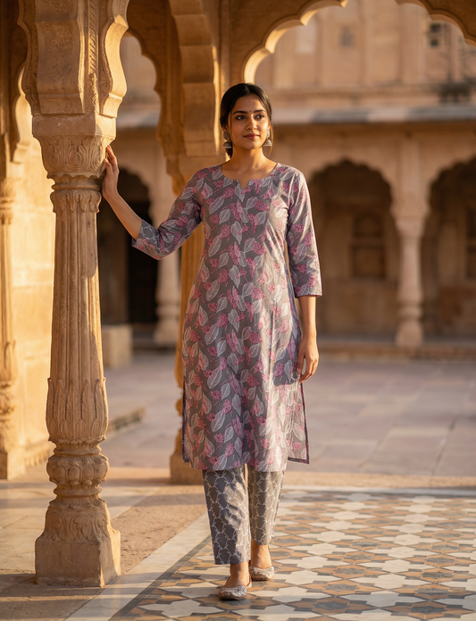 Grey Color Floral Print Top Bottom Set 2.5 Mtr Each