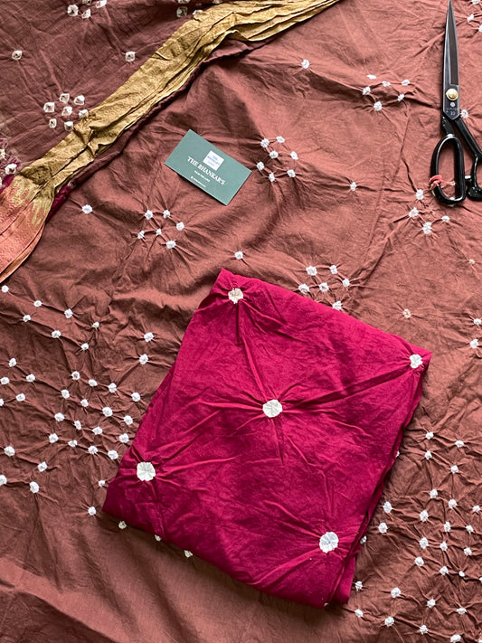 BANDHANI COTTON SUIT SET WITH MULMUL DUPATTA