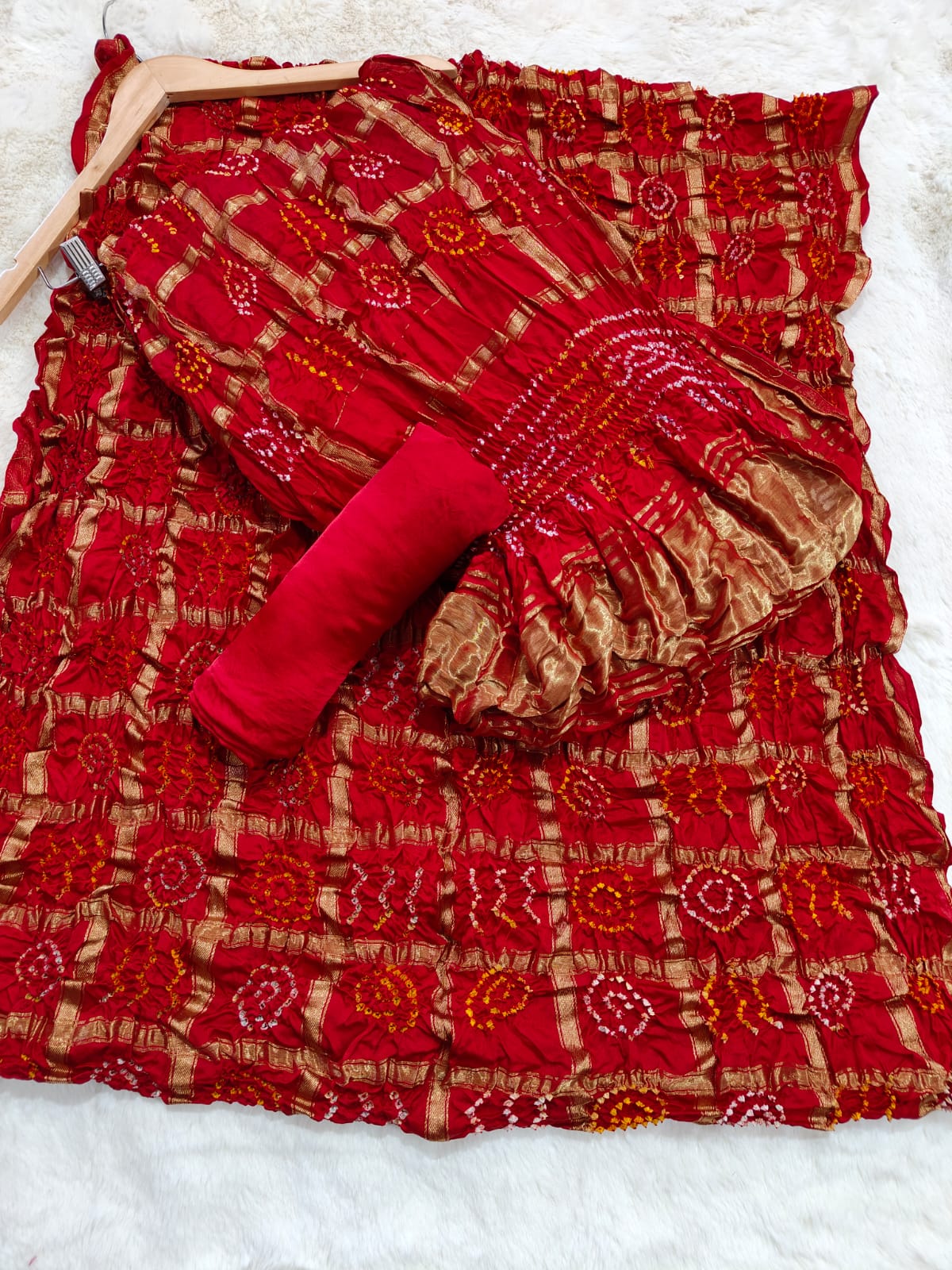 RED BANDHANI GHARCHOLE CHECKS PURE GAJJI SILK FABRIC SUITS WITH HEAVY ZARI RICH HAND PALLU DUPATTA