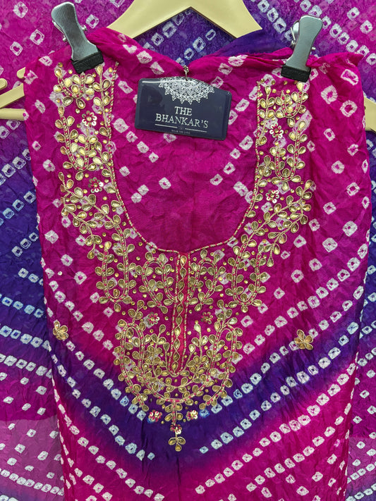 BANDHANI HEAVY SILK FABRIC SUITS WITH BEAUTIFUL HAND GOTAPATTI WORK DUPATTA DOUBLE SHADED