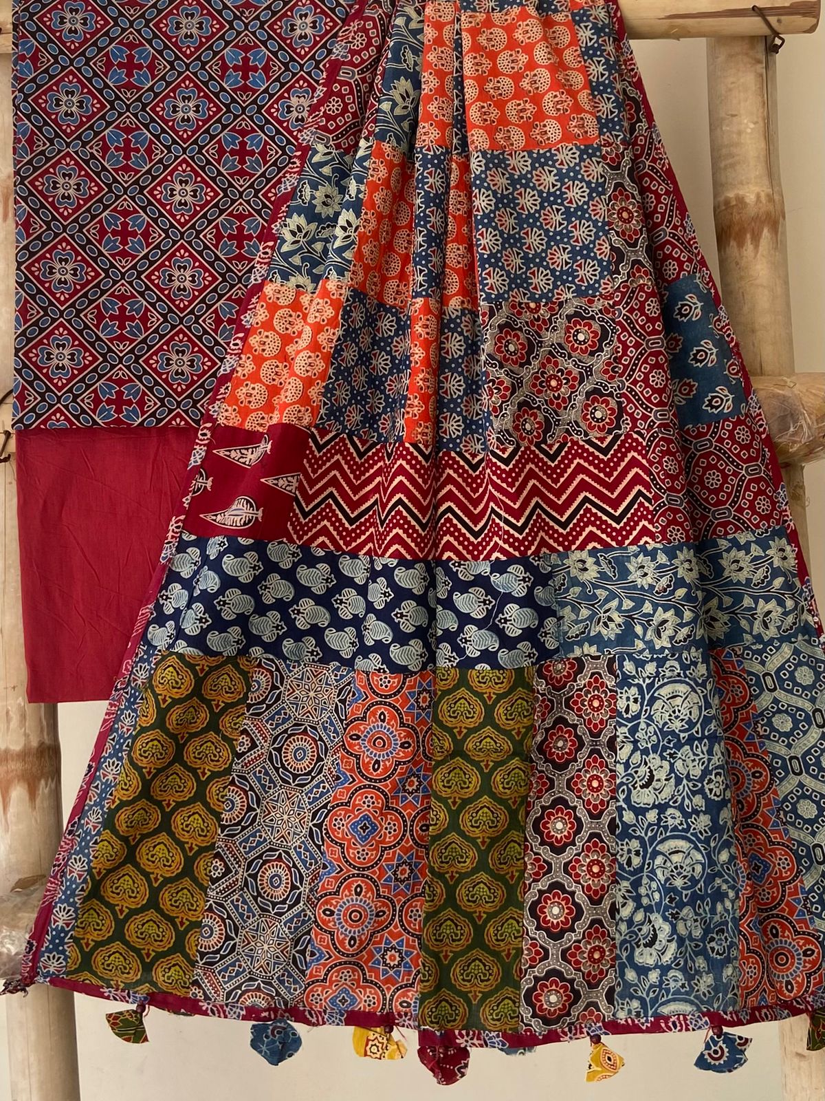 Ajrakh Dupatta suit With hand applique mirror work Ajarakh print Suit pcs with patch work and mirror work dupatta