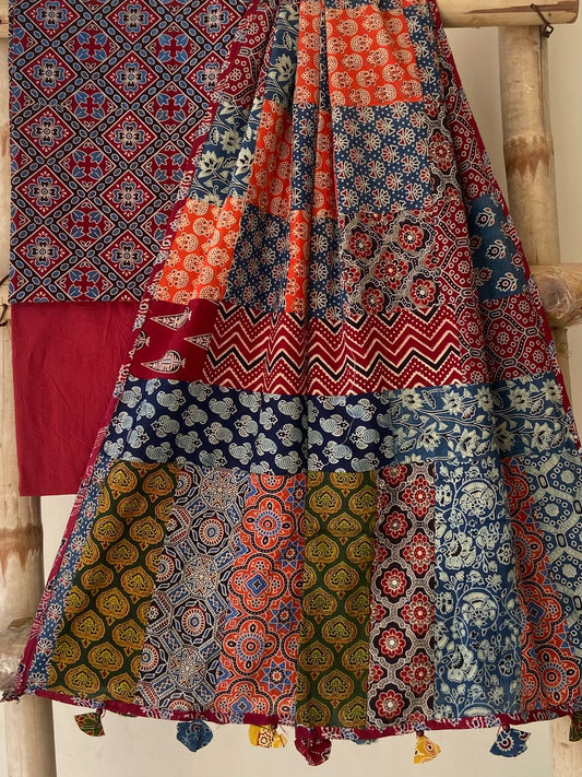 Ajrakh Dupatta suit With hand applique mirror work Ajarakh print Suit pcs with patch work and mirror work dupatta