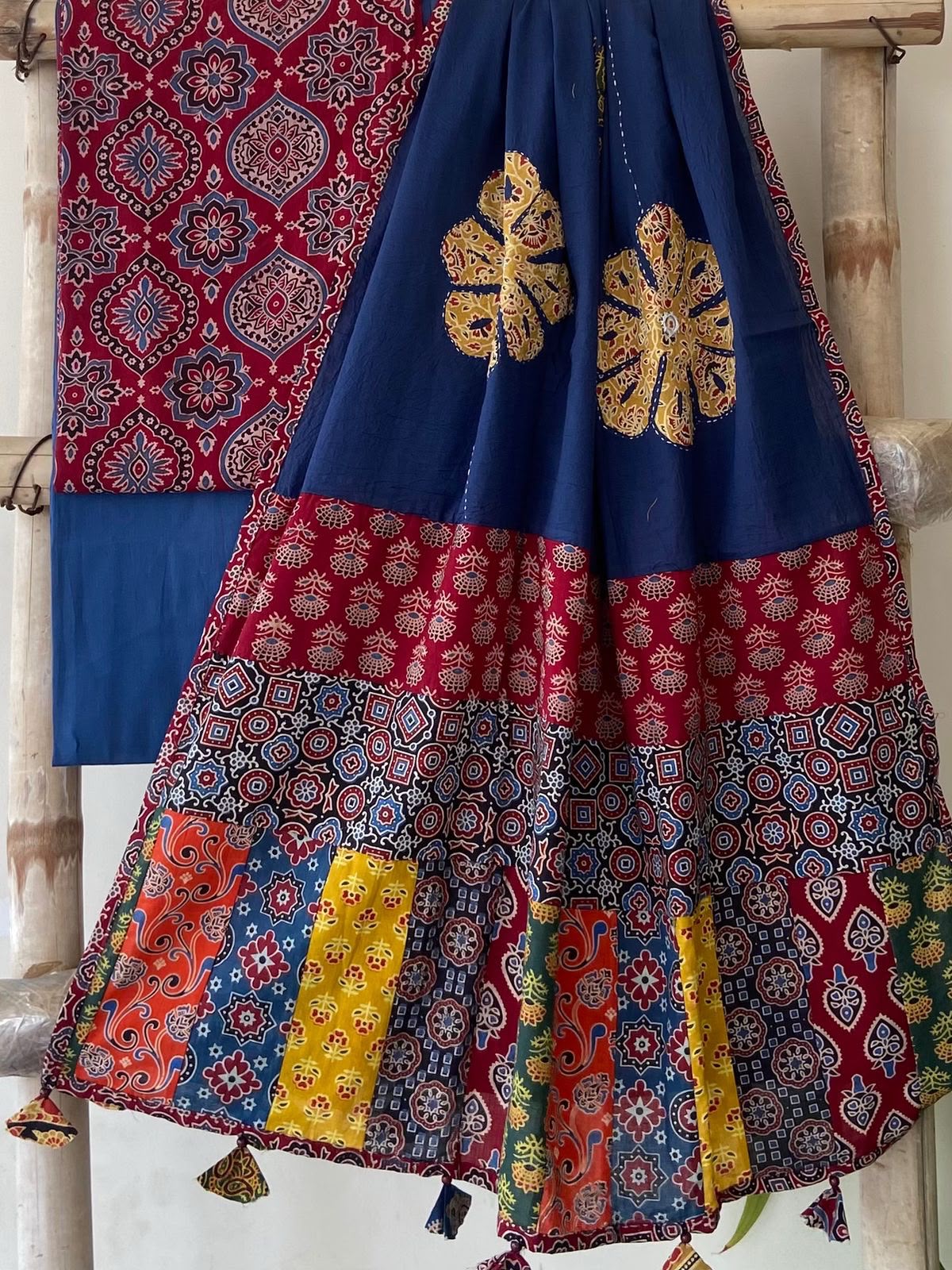 Ajrakh Dupatta suit With hand applique mirror work Ajarakh print Suit pcs with patch work and mirror work dupatta