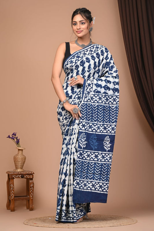 Indigo Bagru Handblock Printed Cotton Mulmul Saree with Blouse Piece