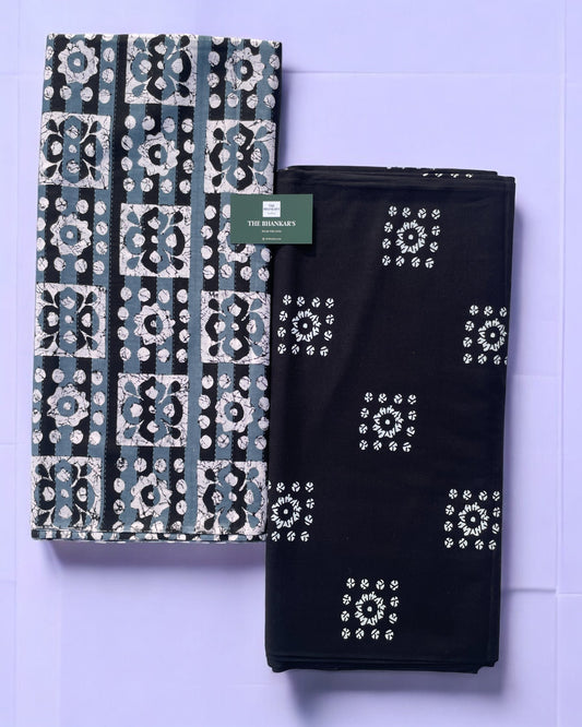 Black Colour stripred Top and Floral Bottom Cotton Combo Set 2.5 Mtr TOP 2.5 MTR BOTTOM