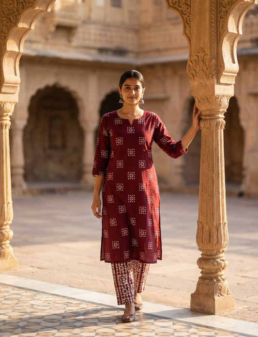 Maroon Batik Print Top and Bottom Cotton Combo Set
