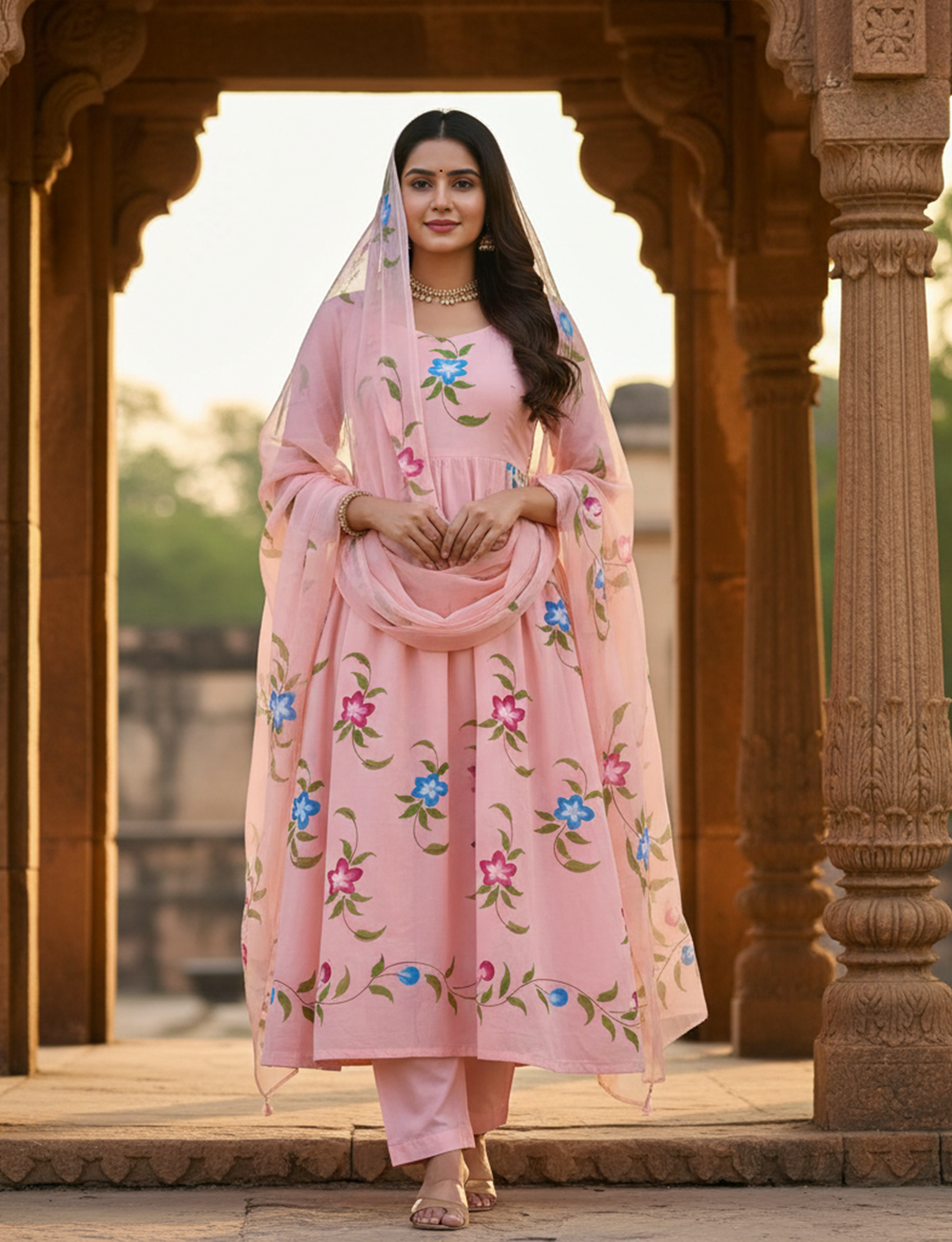 Peach Colour Hand Painted Cotton Suit With Hand Painted Chiffon Dupatta