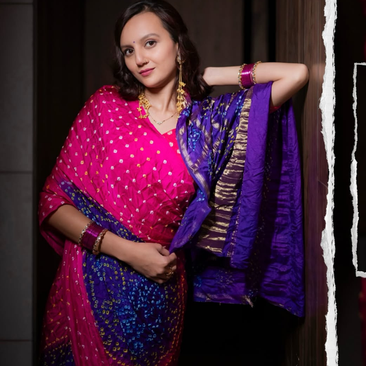 Pink & Royal Blue Pure Gaji Silk Bandhani Ghatchola Saree with Heavy Designer Pallu