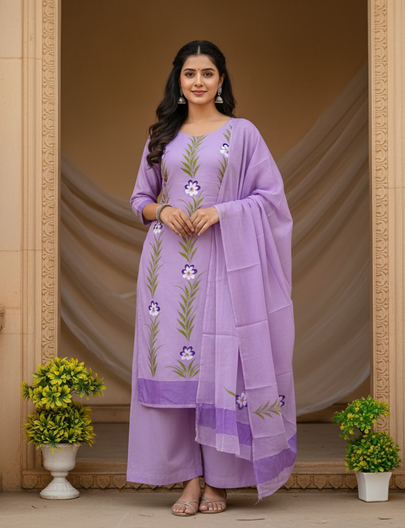 Purple Colour Hand Painted Cotton Suit With Hand Painted Chiffon Dupatta