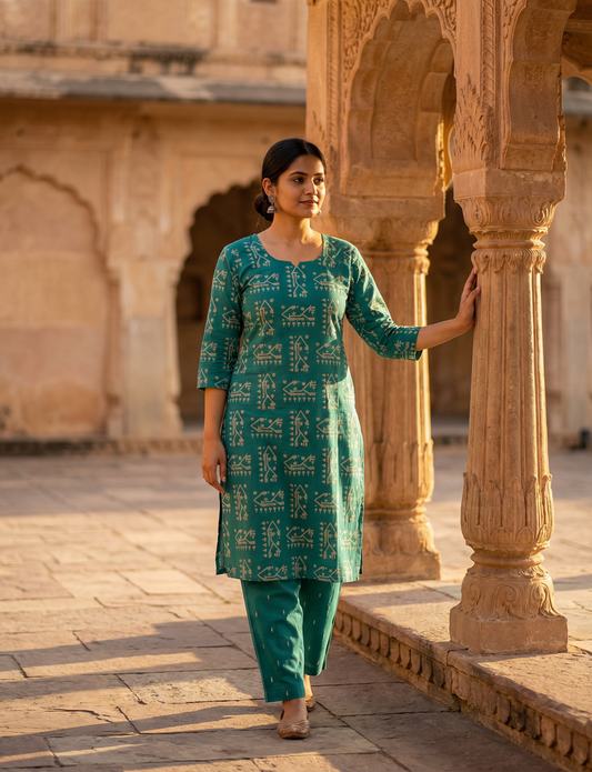 Rama Green Figure Print Top and Bottom