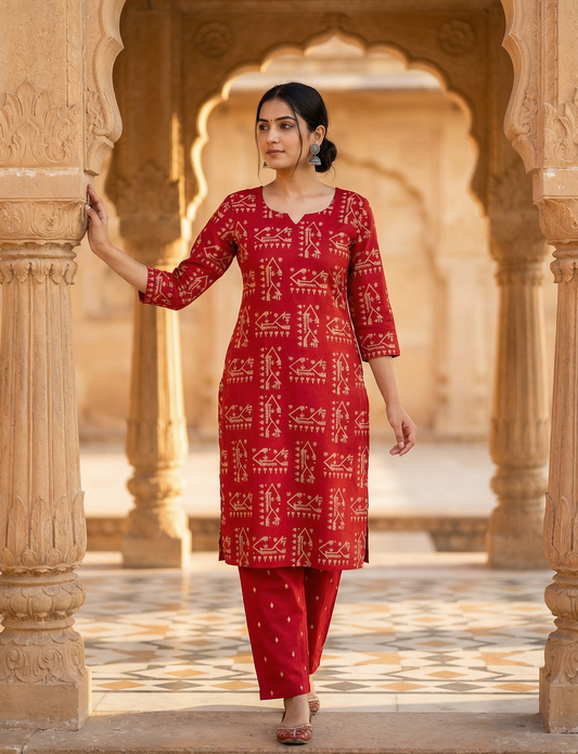 Red Color Figure Print Combo Set