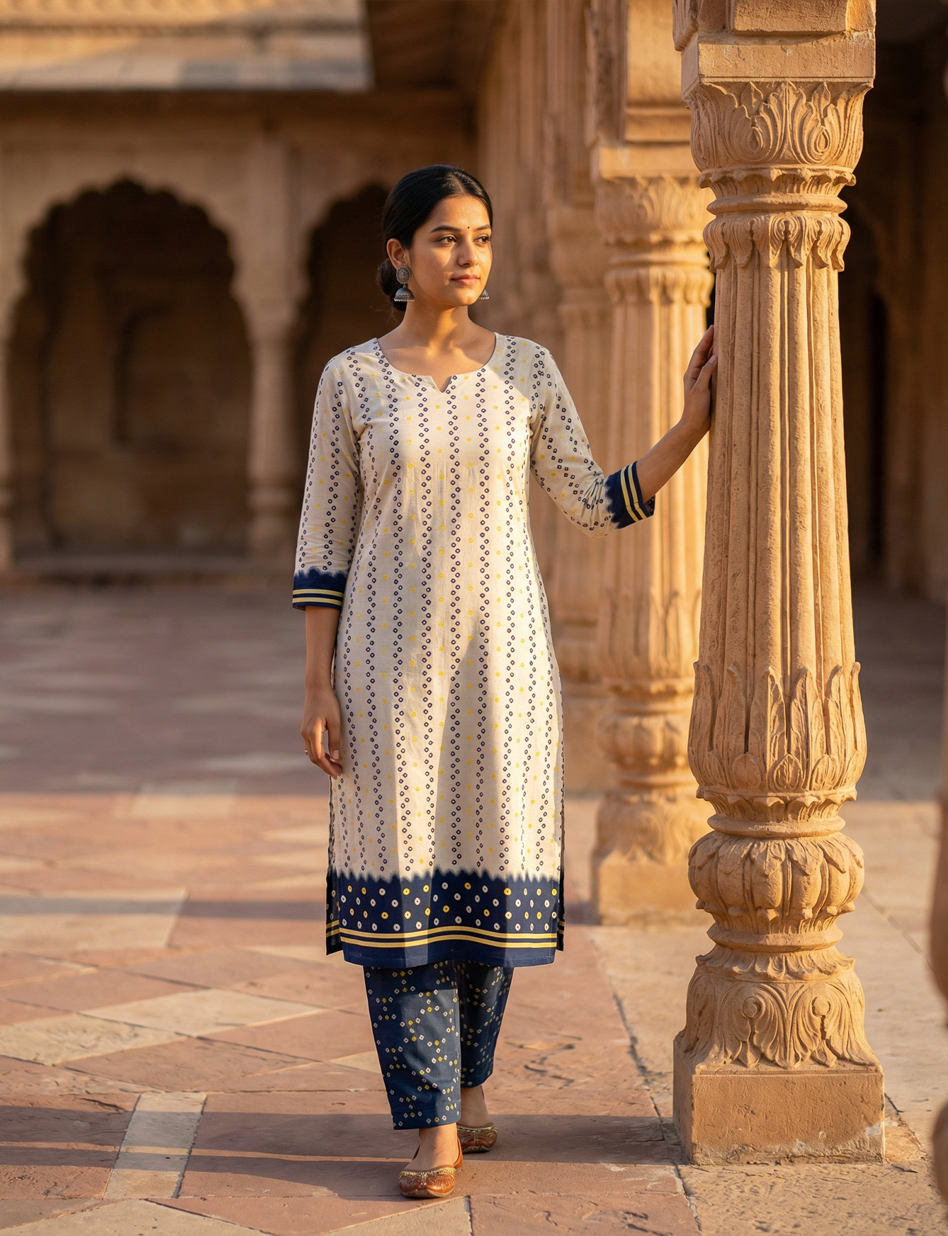 Royal Blue Bandhej lahariya Bottom Print Top and Bottom Cotton Combo Set