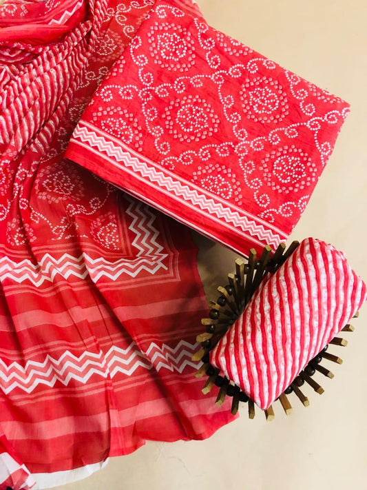 Hand Block Printed Cotton Suit With Mulmul Cotton Dupatta