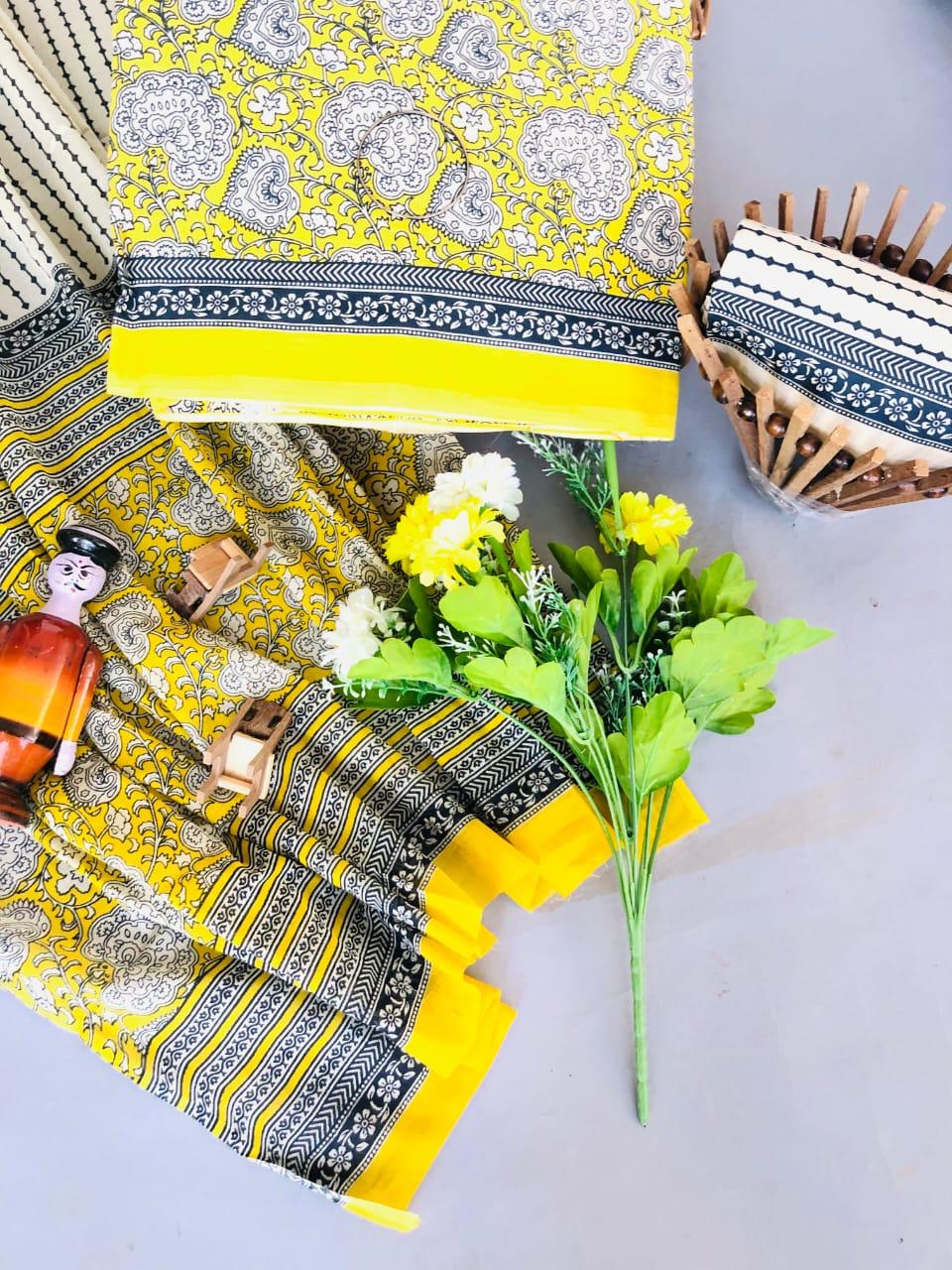 Hand Block Printed Cotton Suit With Mulmul Cotton Dupatta