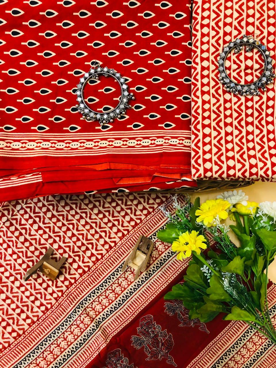 Hand Block Printed Cotton Suit With Mulmul Cotton Dupatta