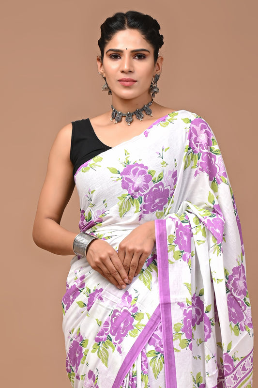 Purple Floral Handblock Printed Cotton Mulmul Saree with Blouse Piece