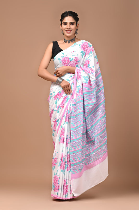 Pink Floral Handblock Printed Cotton Mulmul Saree with Blouse Piece