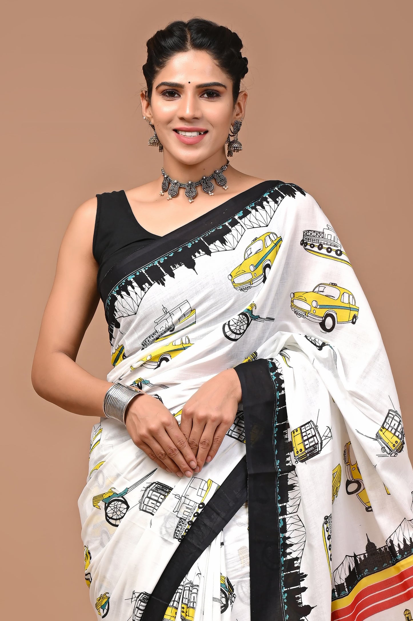 Car Print Handblock Printed Cotton Mulmul Saree with Blouse Piece